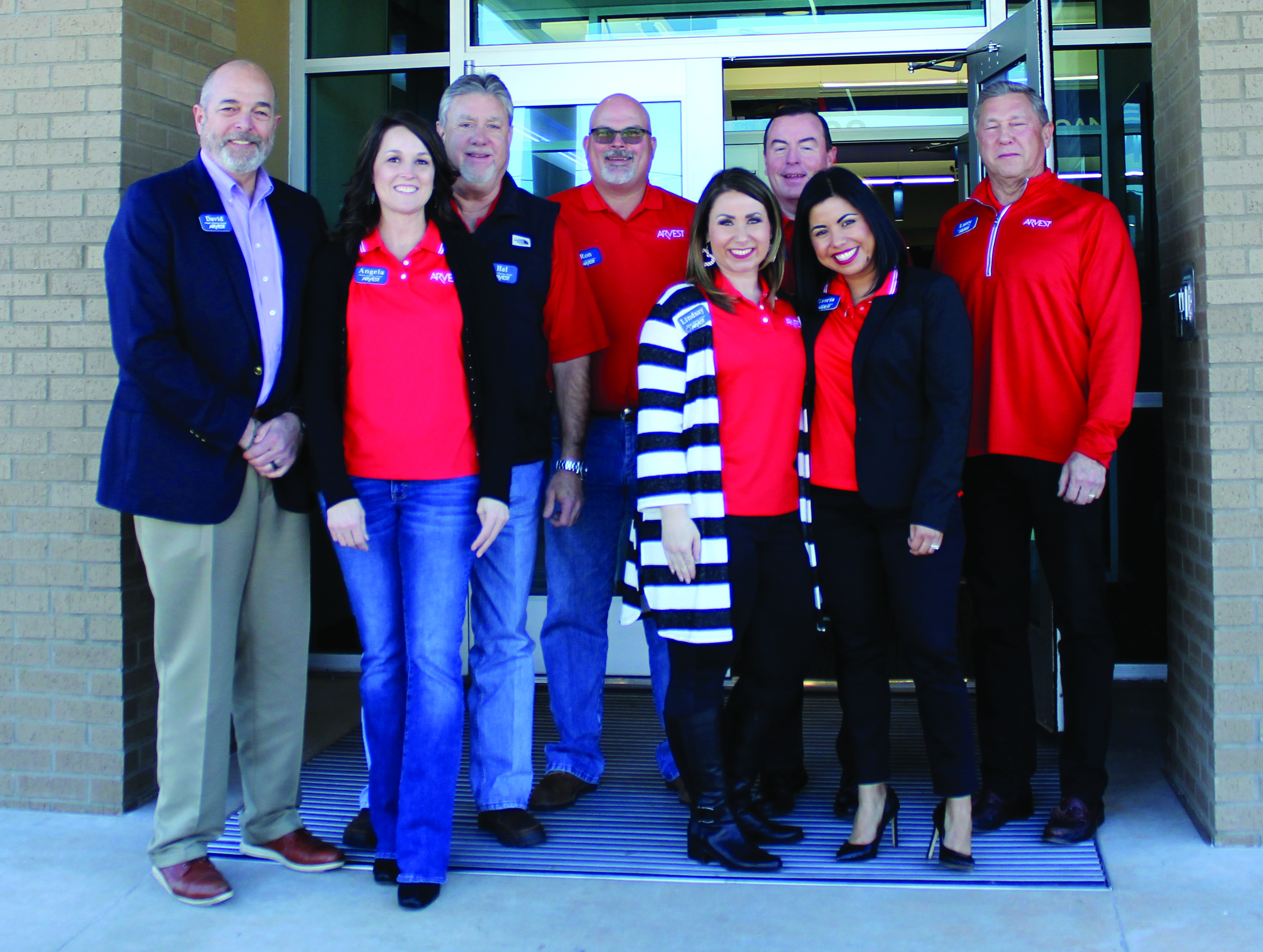 Several members of the Arvest Bank family came to celebrate the opening of the 2602 W. Gore branch. Pictured left to right: Chickasha Community President David Snell, Sales Coordinator Angela Spradlin, Duncan Community President Hal Labyer, Loan Manager Ron Martin, President and CEO of Southwest Oklahoma David Madigan, Sales Manager Gloria Martinez, and Community Business Development Representative Larry Benson. Southwest Ledger photos by Curtis Awbrey