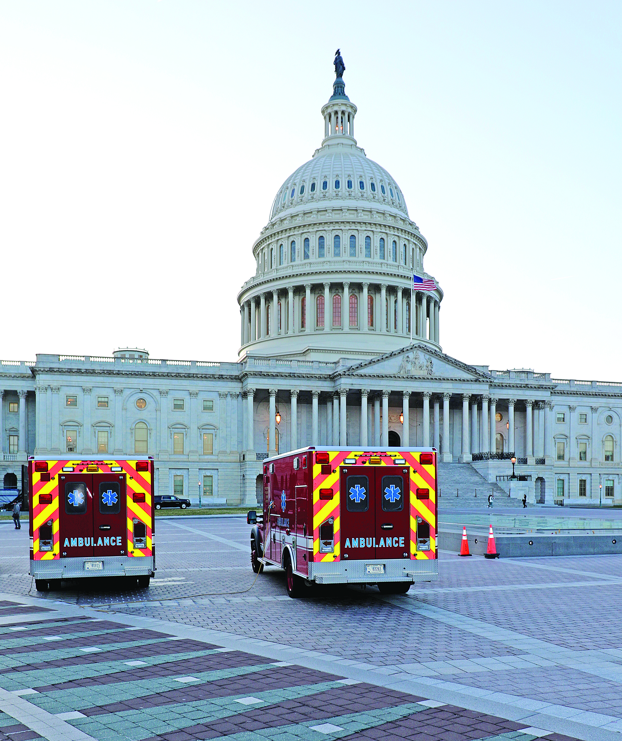 Ambulances are parked in front of the U.S. Capitol building in Washington. Ledger photo by JJ Francais