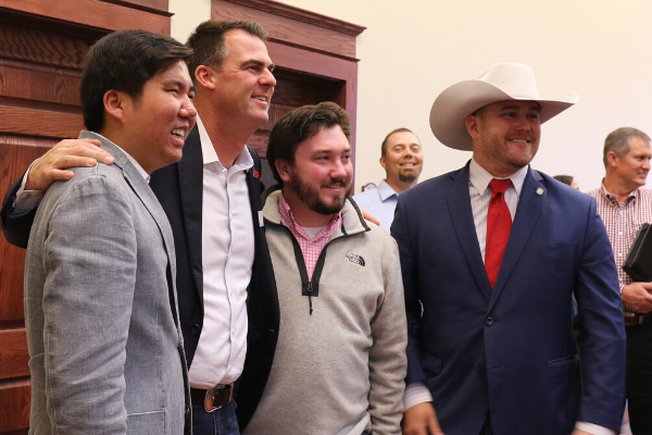 Pictured left to right are: Representative Daniel Pae (R-District 62), Governor Kevin Stitt (R-Oklahoma), State Senator John Michael Montgomery (R-District 32), and Trey Caldwell (R-District 63).