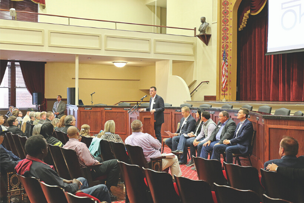 Oklahoma Governor Kevin Stitt speaks in a town hall style meeting about progress made by state agencies during the Lawton stop of the Top 10 Cabinet Tour.