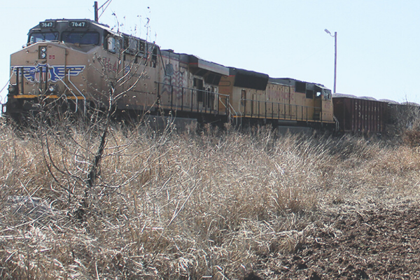 A Union Pacific diesel-powered locomotive pulling about 38 cars of gravel across the Great Plains sat idle at a railyard north of Chickasha on Sunday. Each car of the estimated quarter-mile long train has a 2,300 cubic-foot capacity, weighing up to 225,000 pounds each.