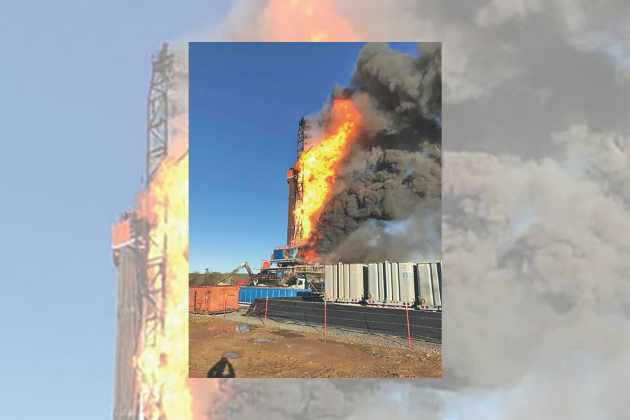 Photo provided via Facebook A drilling rig burns after an explosion at an oil and gas lease near Quinton in 2018.