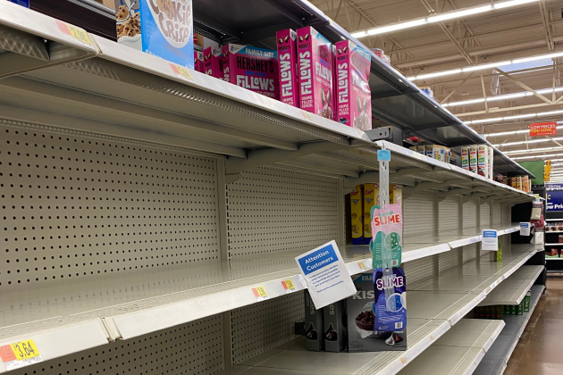 Ledger photos by JJ Francais                             Shelves of an area Walmart remain empty despite new store hours to accommodate cleaning and stocking.