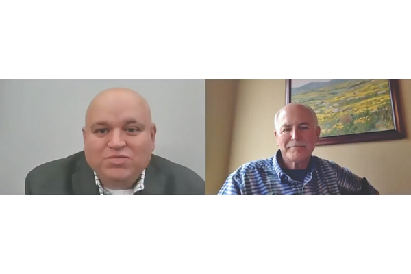 Southwest Ledger Associate Publisher JJ Francais, left, speaks via video conference with Lawton Mayor Stan Booker.