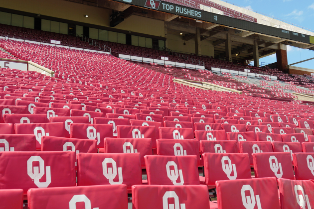 Seat-back cushions are lined up on bleachers at Gaylord Family-Oklahoma Memorial Stadium at the University of Oklahoma in Norman.