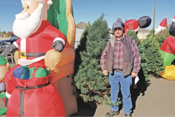 Ledger photo by Andrew W. Griffin   Jon Wiggins, owner of Michigan-based Wiggins Tree Co., stands in his Christmas Village on the Sooner Mall parking lot in Norman.