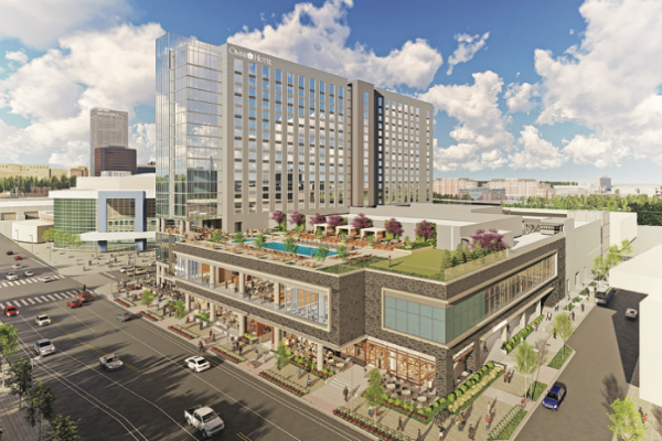 Renderings show the exterior of the Omni Oklahoma City Hotel, above, and its full-service Mokara Spa.
