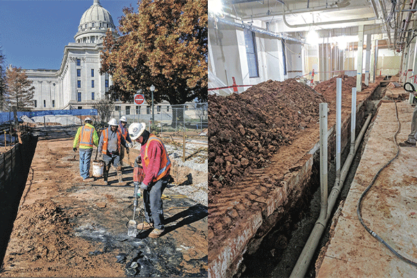 Above left, subterranean plumbing is installed in the east wing of the ground floor of the Oklahoma Capitol in 2018. Above right, workers continue work on the tunnel in 2018.