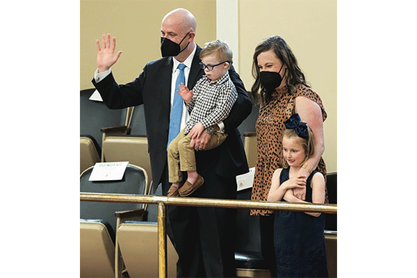 Rhys, Everett, Neely and Lily Gay were introduced in the Senate gallery after “Everett’s Law” was approved last week. The bill, by Sen. Paul Rosino, R-Okla- homa City, would prohibit discrimination against a potential organ transplant recipient based solely on the person’s physical or mental disability.