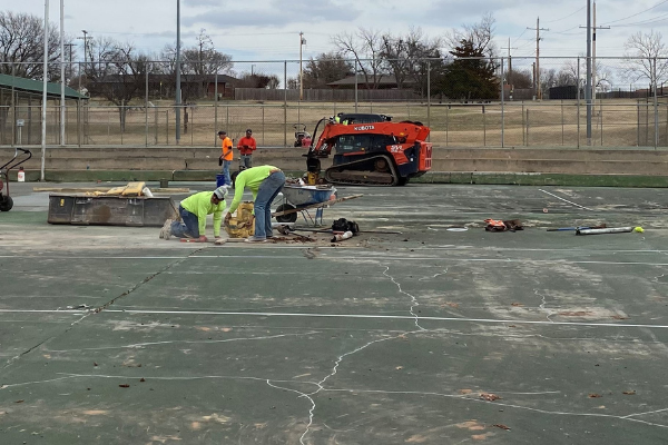 Ledger photo by Curtis Awbrey - Renovation of the tennis courts at Greer Park is under way, and a contract to upgrade the lights at the park’s eight tennis courts was approved Tuesday by the Lawton City Council.