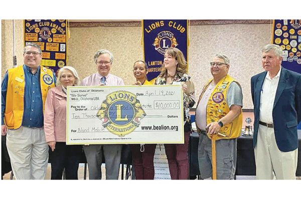 From left are Daniel Farrell, Council Chair for Lions of Oklahoma; Gaile Loving, OBI volunteer; Dr. John Armitage, president and CEO of the Oklahoma Blood Institute; Kasinda Brown, current president of Lawton Noon Lions Club; Christi Chambers, executive director of OBI’s Lawton Market; Tom Love, MD-3 Southwest District Governor for Lions of Oklahoma; Dr. Richard Boatsman, chair of OBI Board of Directors.