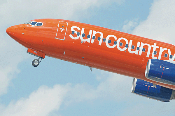 A Sun Country Airlines jet takes off from Minneapolis- St. Paul International Airport in Minnesota