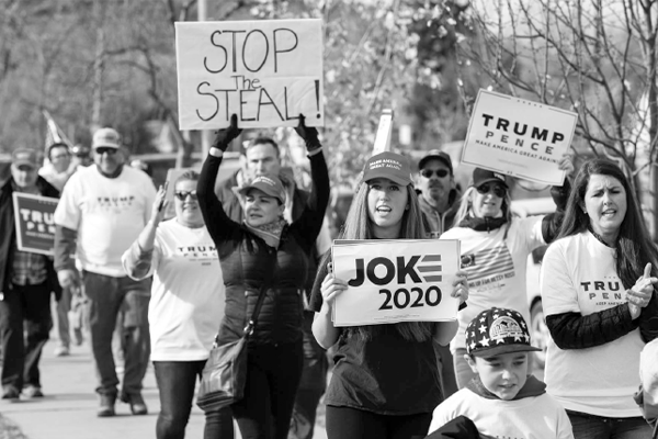 Supporters of then-President Donald Trump hold a “Stop the Steal” rally in Helena, Mont., on Nov. 7, 2020, protesting the election of Joe Biden as president on the grounds of voter fraud and incomplete ballot counts.