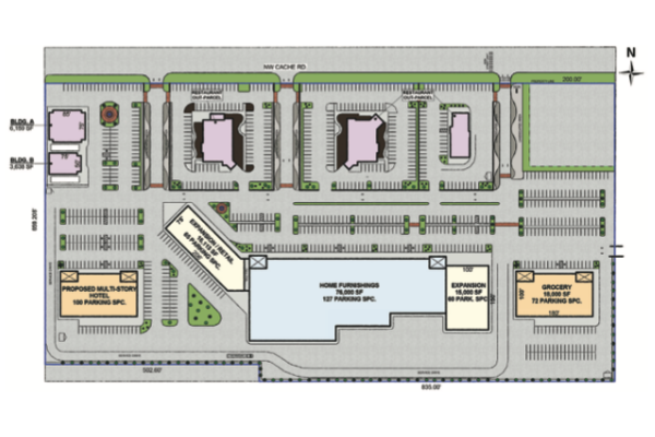 SHARP DESIGN & DRAFTING    An artist’s conception shows the layout of a commercial development project at 4800-4902 NW Cache Road in Lawton, to be anchored by Mathis Brothers Furniture.