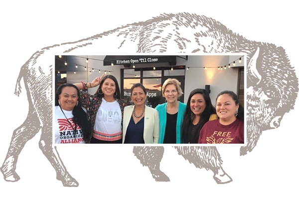 Jennifer Bailey | Provided  Native Organizers Alliance volunteers meet with candidates at the Native American Presidential Forum in 2019. From left, Jennifer Bailey, Jasha Lyons Echohawk, volunteer; Interior Secretary Deb Haaland, 2020 Democratic Presidential candidate Elizabeth Warren, former Seattle Mayor candidate Colleen Echohawk, volunteer; and Cherie Thunder, volunteer from the Menominee Reservation of Wisconsin.