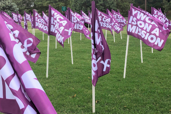 Every year, flags are planted on the south lawn of the capitol to represent domestic violence victims who were murdered. In 2020, 61 Oklahomans died at the hands of their domestic abuser. Whitney Bryen | Oklahoma Watch