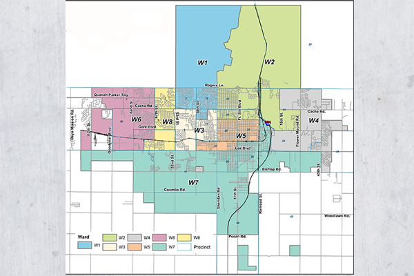 This map shows the current boundaries for Lawton’s eight voting wards. The Lawton Redistricting Committee has redrawn ward boundaries to account for population shifts, using data from the 2020 census as a guide. Courtesy City of Lawton