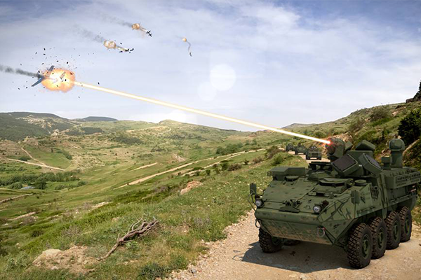 Raytheon’s 50-kilowatt laser has been chosen for the U.S. Army’s directed energy short-range air defense system on a Stryker combat vehicle. The Army will initially outfit a platoon’s worth of the system. Artist rendering courtesy of Raytheon