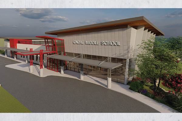 An artist's rendering shows a model of the exterior for Cache Public Schools' proposed addition to Cache Middle School. The district is asking voters to approve two bond issues, totaling $36.36 million, to expand the middle school, build a new fieldhouse and buy new buses. | Cache Public Schools/Courtesy Image