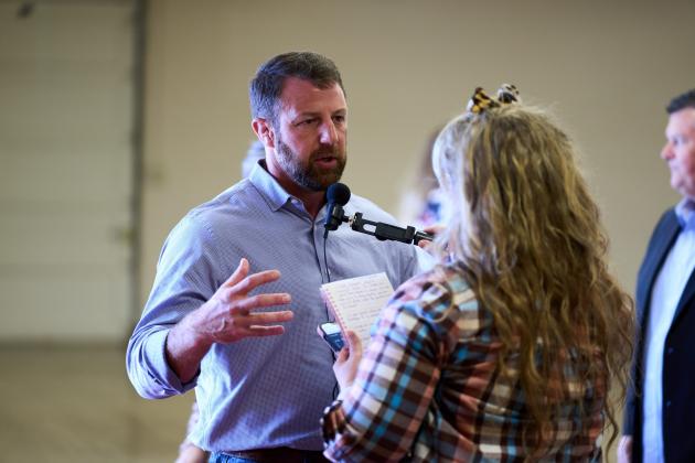 Congressman Markwayne Mullin speaks to the press May 21, 2022, at the Stephens County GOP Fish Fry in Duncan.