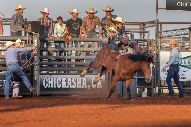Participants in bronc-riding at the Chickasha Open Rodeo June 24-25 at the Grady County Fairgrounds. Rafter D. Rodeo Livestock have been used at the biggest rodeos in the U.S. and Canada
