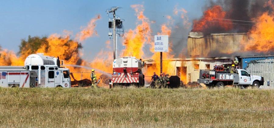 Grady County firefighters battle a warehouse blaze Wednesday (Ledger photo by Steve Booker).