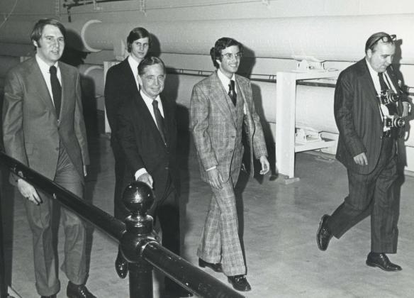 House Speaker Carl Albert (second from left) walks with his staff, including Joe Foote, press secretary (left), Joel Jankowsky, (right) and others at the Korean-U.S. Interparliamentary Conference in July 1973. CARL ALBERT CENTER COLLECTION