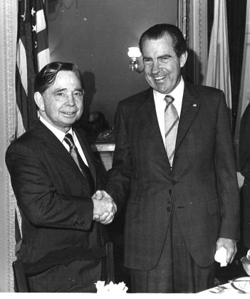 House Speaker Carl Albert (left) shakes hands with then-President Richard M. Nixon. CARL ALBERT CENTER COLLECTION