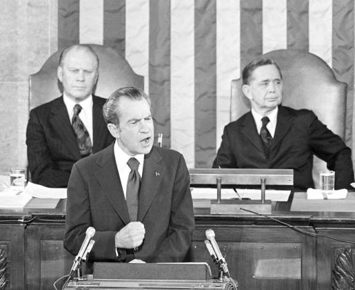 President Richard Nixon address Congress flanked by Gerald Ford (back left) and House Speaker Carl Albert (right). Ford would become Nixon’s second Vice President, after the resignation of Spiro Agnew. CARL ALBERT CENTER COLLECTION