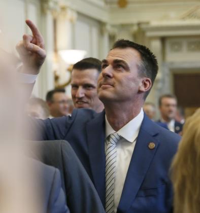 Governor Stitt points to a supporter Monday prior to his State of the State speech. RIP STELL | SOUTHWEST LEDGER