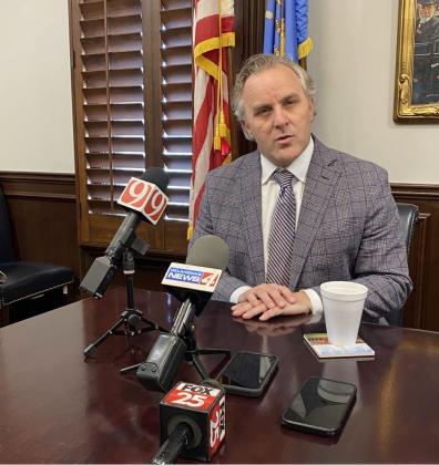 Oklahoma Senate President Pro Tempore Greg Treat, R-Oklahoma City, answers questions from reporters at the Capitol in Oklahoma City on March 13, 2023. PAUL MONIES | OKLAHOMA WATCH