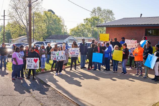 Protesters gather April 17 outside the McCurtain County Commissioners building in Idabel calling for the resignation of several county officials after a recording with officials’ racist comments surfaced. CHRISTOPHER BRYAN | SOUTHWEST LEDGER