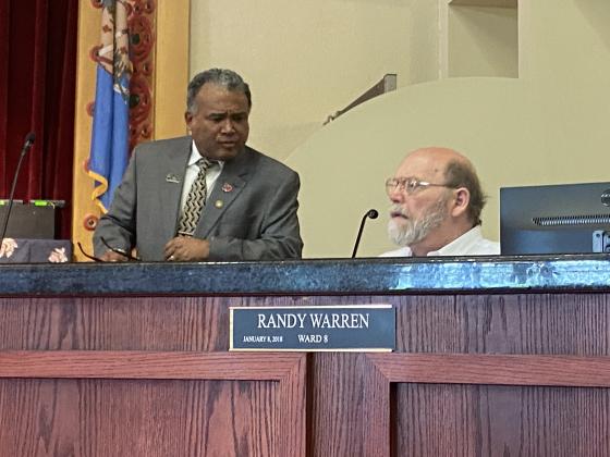 From the left, Lawton City Councilmen Allan Hampton and Randy Warren chat before the council’s April 25 meeting. The council is considering options for spending $5.4 million in unallocated funds from the PROPEL Capital Improvement Program. ERIC SWANSON | SOUTHWEST LEDGER