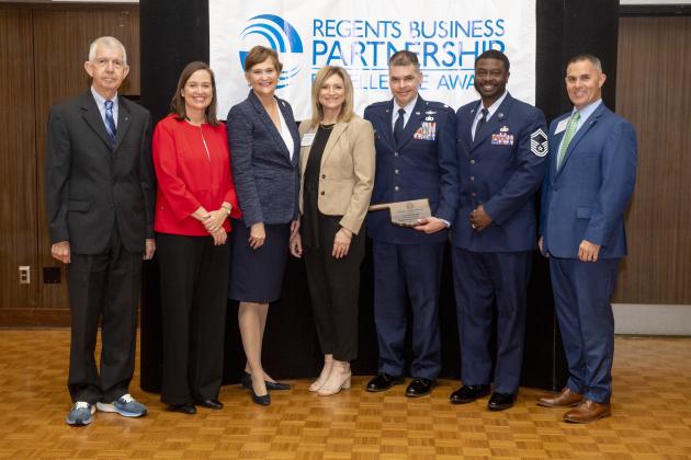 The recent Regents Business Partnership Excellence Award ceremony included (from the left) Steven Taylor, Courtney Warmington, Chancellor Allison Garrett, Chrystal Overton, Western Oklahoma State College vice president of academic affairs; U.S. Air Force Lt. Col. Colby Arends, U.S. Air Force Senior Master Sgt. Raymond Harris and Dr. Chad Wiginton. WESTERN OKLAHOMA STATE COLLEGE