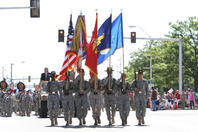 Military personnel carry the colors at the beginning of the 2022 Armed Forces Day celebration in Lawton. PHOTO COURTESY OF U.S. ARMY