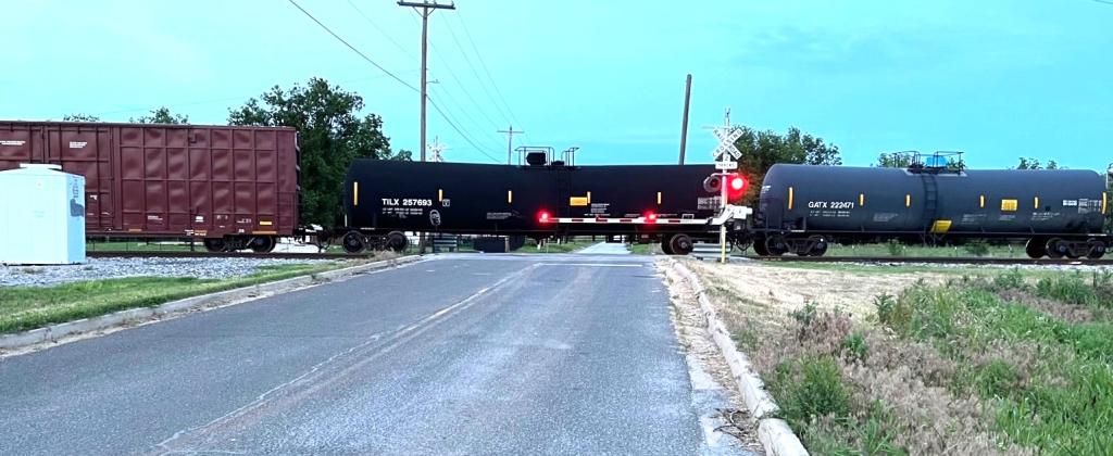 A Union Pacific train blocks a crossing on Chickasha’s Ada Sipuel Avenue, on the east side of town, May 18. MIKE W. RAY | SOUTHWEST LEDGER