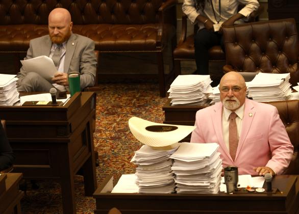 Sens. Brent Howard (R-Altus) and Blake Stephens (R-Tahlequah) review legislation Friday. With a $13 billion budget finalized, lawmakers have adjourned the regular session for the year. RIP STELL | SOUTHWEST LEDGER