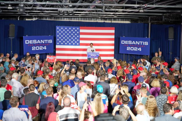 Florida Governor and 2024 presidential candidate Ron DeSantis speaks to a Tulsa crowd after receiving an endorsement from Oklahoma Gov. Kevin Stitt. CHRISTOPHER BRYAN | SOUTHWEST LEDGER