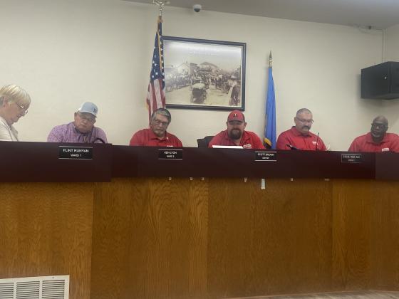 From the left, Cache City Clerk/Treasurer Rhoda Thomas and Councilman Flint Runyan, Councilman Ken Lyon, Mayor Scott Brown, Councilman Steve Red Elk and Councilman Mark Hill Sr. hear a discussion during the council’s June 12 meeting. The council did not act on a proposal to eliminate the city’s fee for fireworks permits. ERIC SWANSON | SOUTHWEST LEDGER