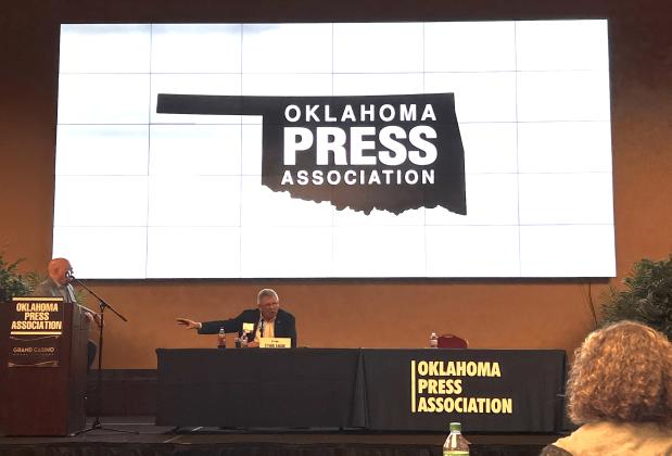 Congressman Frank Lucas (R-Cheyenne) speaks to member of the Oklahoma Press Association at the organization’s annual convention Saturday. Lucas is optimistic while discussing bipartisan challenges. M. SCOTT CARTER | SOUTHWEST LEDGER