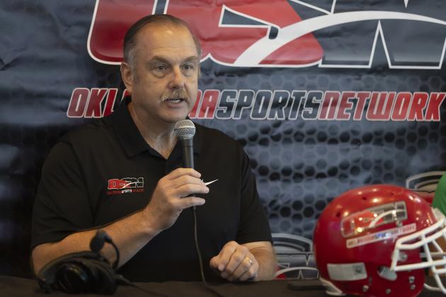 Oklahoma Sports Network co-owner Eric Sharum makes opening remarks before Media Day for seven of the schools covered by OSN. Media Day was held last week at The Hangout in Lawton. HUGH SCOTT JR. | SOUTHWEST LEDGER