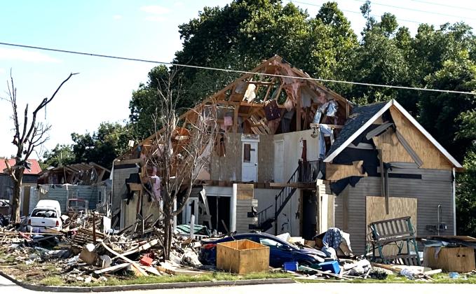 Dirt Road Films has recreated scenes in Chickasha, such as the one here at South 17th Street and West Iowa Avenue, that depict the aftermath of a tornado. CURTIS W. AWBREY | SOUTHWEST LEDGER