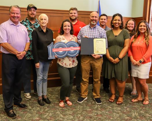 Among those celebrating the City Council’s proclamation declaring August 1 Chickasha Chamber Day were: Front row, l-to-r: Jim Cowan, Margaret Davis, Whitney Palesano, Mayor Chris Mosley, Marissa Moore and Erica Alexander. Back row, l-to-r: Eric Anderson, Logan Lassley, Brayden Buckley and Cassie Poole. SHAE MORTIMER | CITY OF CHICKASHA