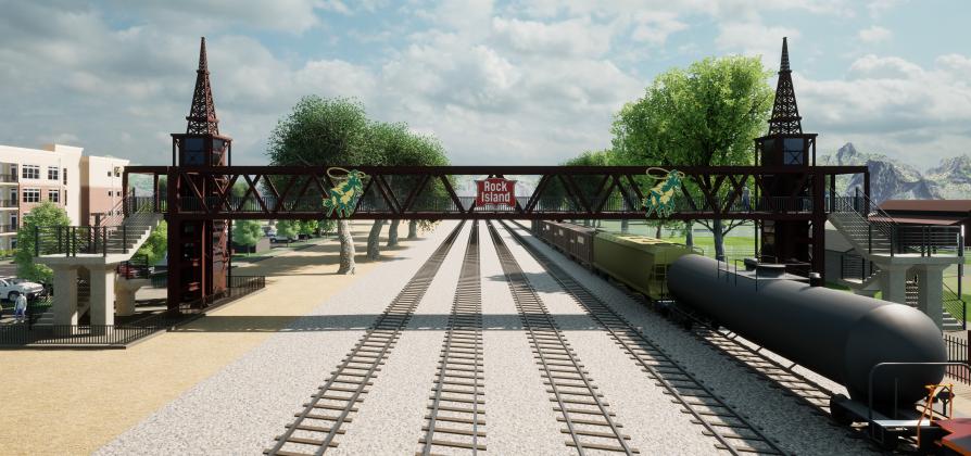 This is an artistic conception of a proposed pedestrian bridge over the railroad tracks between the Grady County Fairgrounds and Old Town Chickasha. PROVIDED