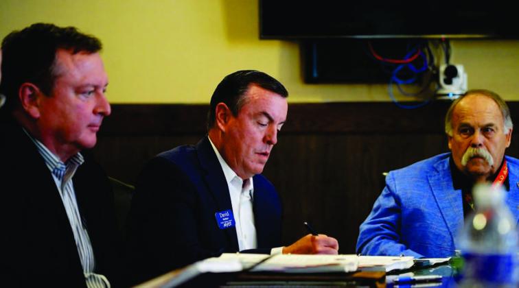 Ashley Payne | Southwest Ledger From left, Lawton Economic Development Authority board member Rick Walker, Chairman David Madigan, and then-board member George Gill acknowledge Westwin Elements’ official notice not to proceed with a large-scale commercial nickel refinery in Lawton.