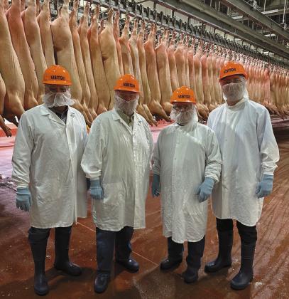 Members of the Oklahoma Legislature stop for a photo during a May 3 guided tour of Seaboard Foods’ pork processing plant in Guymon. Pictured left to right are Reps. John George (R-Oklahoma City), Dell Kerbs (R-Shawnee), Kenton Patzkowsky (R-Guymon) and Speaker-Designate Kyle Hilbert (R-Bristow). Veronica Flores | Seaboard Foods