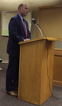 Eric Swanson | Southwest Ledger Nathan Ellis, an attorney with the Public Finance Law Group, addresses the Duncan City Council on Tuesday. Ellis is advising the city on a proposal to establish a tax increment financing district near the intersection of Plato Road and U.S. Highway 81.