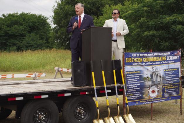 Eric Swanson | Southwest Ledger U.S. Rep. Tom Cole speaks while Walters City Manager Matt LaFee looks on during Thursday’s groundbreaking ceremony for the town’s new electrical substation.