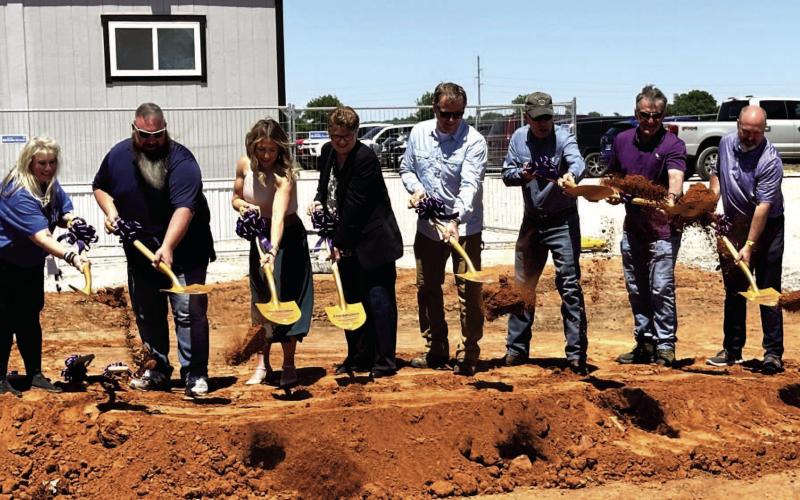City officials shoveling dirt at the water plant groundbreaking ceremony May 7 were, from left: Council Member Lisa Hatchett, Mayor Zach Grayson, Council members Erica Alexander, Georgianne Hebblethwaite, Kelly Boyd, Clark Southard and Rockey Talley, and former Mayor Chris Mosley, who played an instrumental role in efforts to build a new water treatment plant. Curtis W. Awbrey | Southwest Ledger