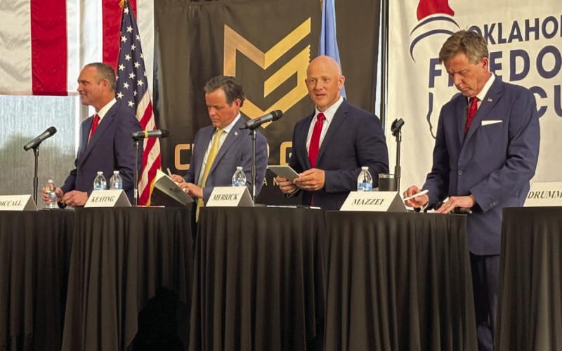Republican gubernatorial candidates answer a barrage of questions during a Monday night debate hosted by Oklahoma Freedom Caucus at the Oklahoma History Center in Oklahoma City. From left, Charles McCall, Chip Keating, Jake Merrick and Mike Mazzei. Mindy Ragan Wood | Southwest Ledger